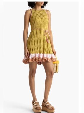 Zimmerman crocheted 🧶 Sleeveless Mini Dress in Mustard with Pink & Tan Trim